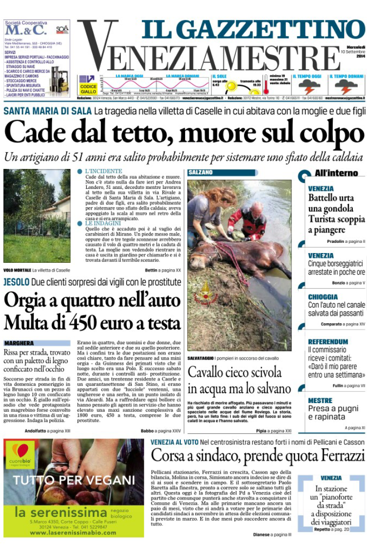 prima pagina gazzettino 10-09-2014